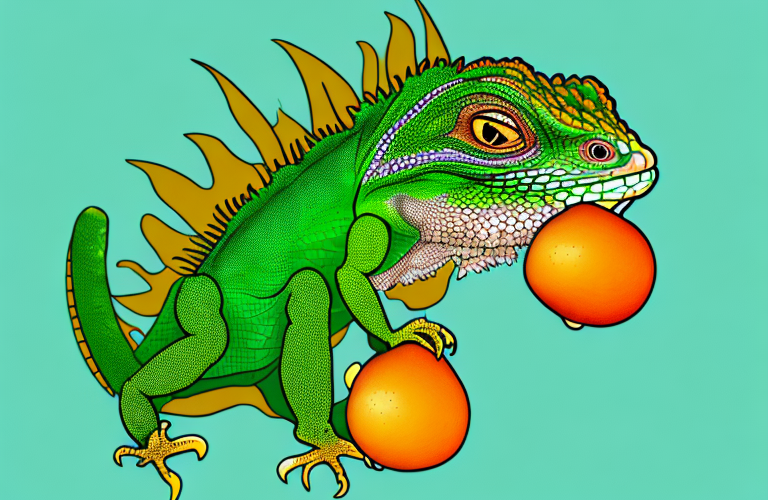 A green iguana eating a loquat