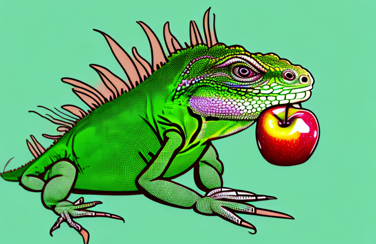 A green iguana eating a crabapple