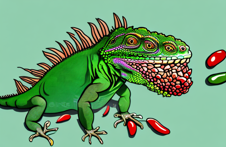 A green iguana eating goji berries
