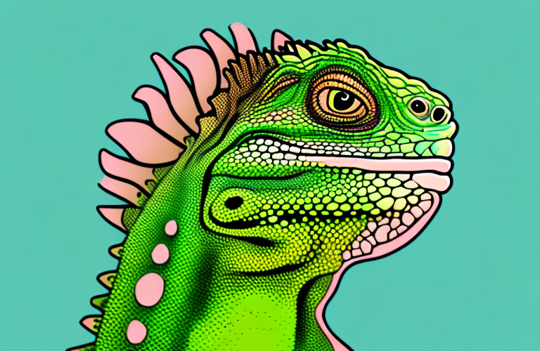 A green iguana eating a juneberry