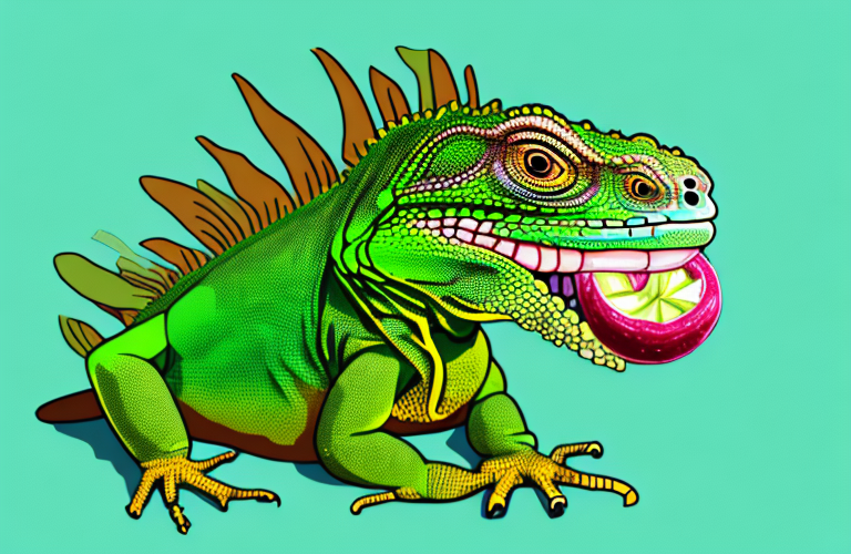 A green iguana eating carob