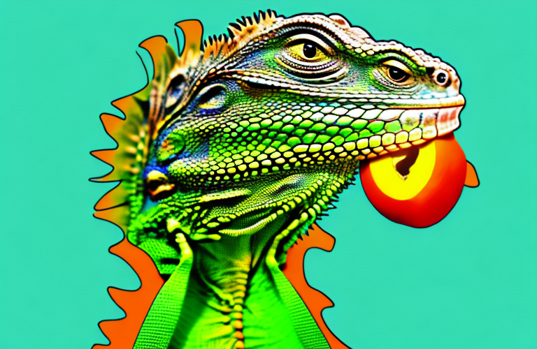 A green iguana eating a nectarine