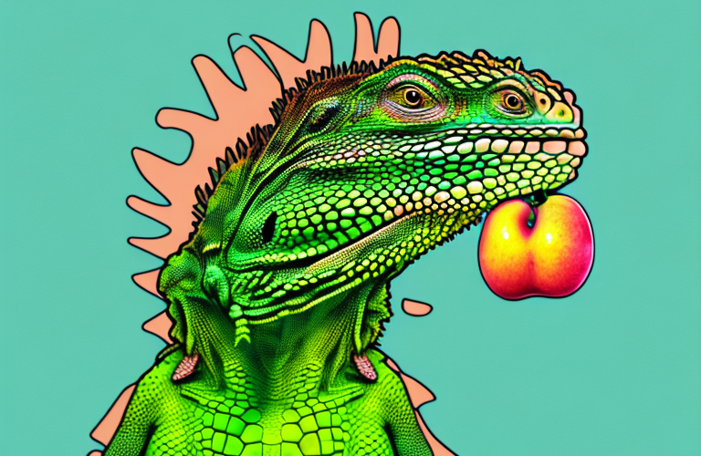 A green iguana eating a quince