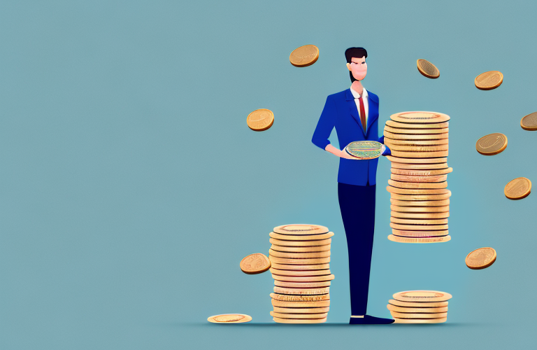 A person in a business suit holding a stack of coins