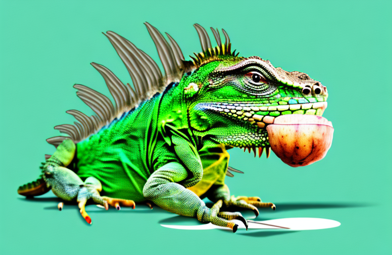 A green iguana eating a winter melon