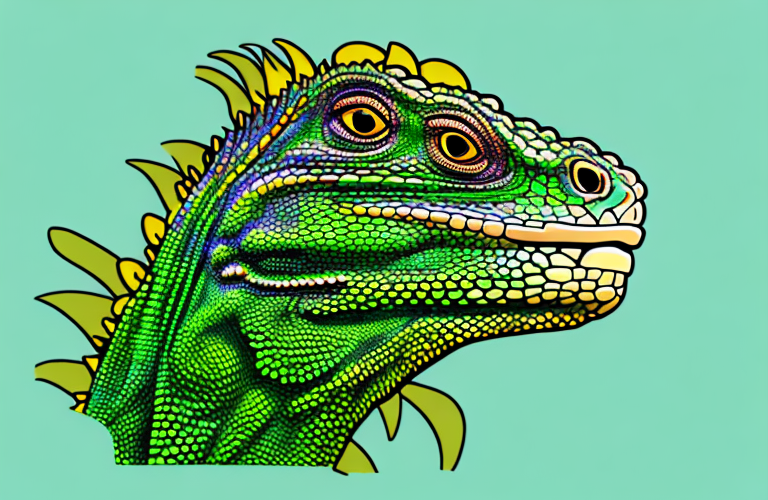 A green iguana eating chives