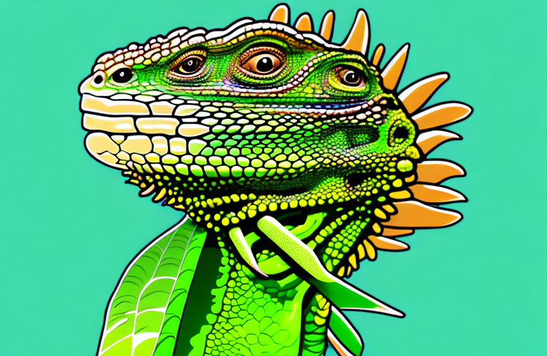 A green iguana eating a leek