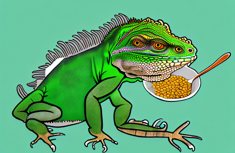 A green iguana eating chana dal
