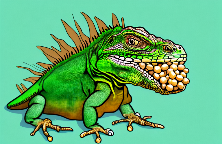 A green iguana eating garbanzo beans