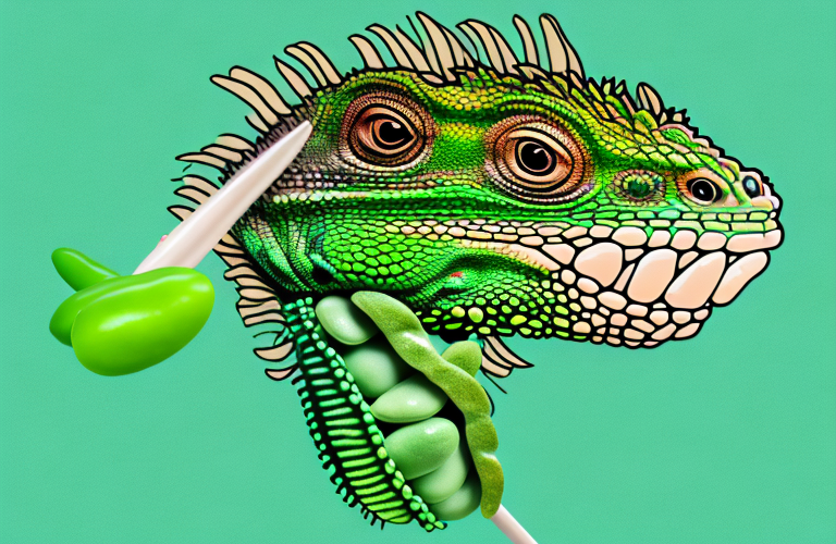 A green iguana eating a lima bean
