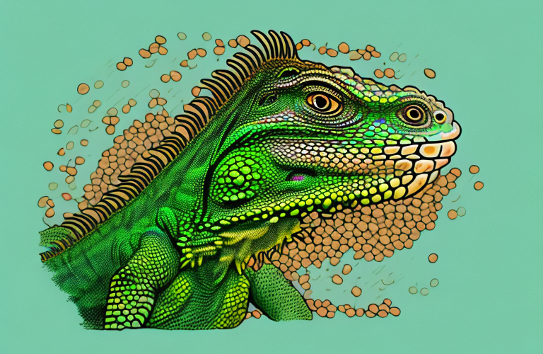 A green iguana eating lentils