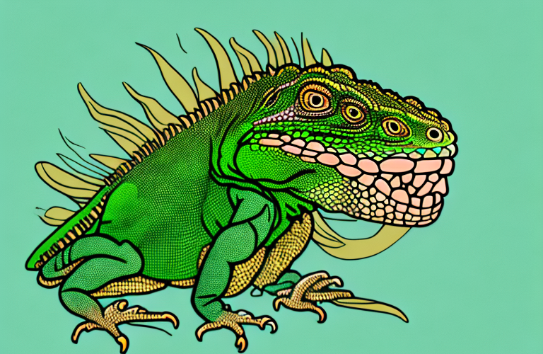 A green iguana eating mung beans