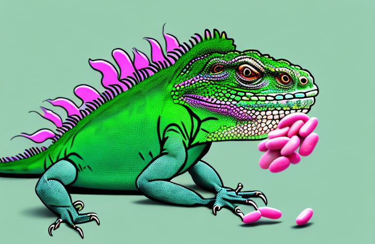 A green iguana eating pink beans