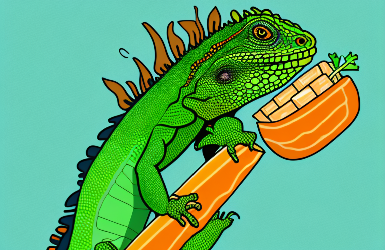 A green iguana eating a butternut squash