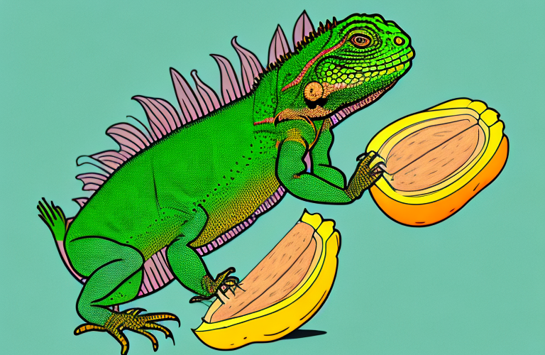 A green iguana eating a delicata squash