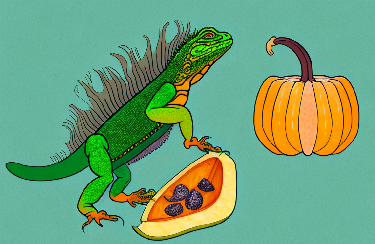 A green iguana eating a kabocha squash