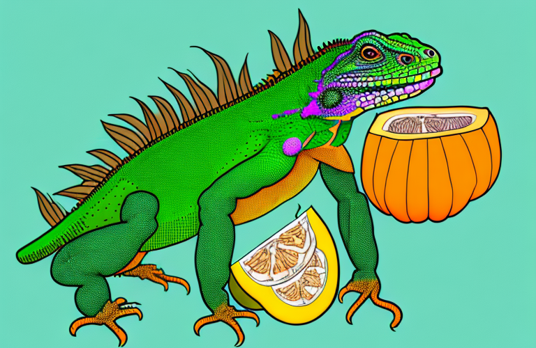 A green iguana eating a hubbard squash