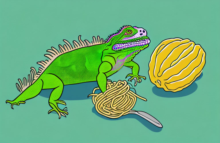 A green iguana eating a spaghetti squash