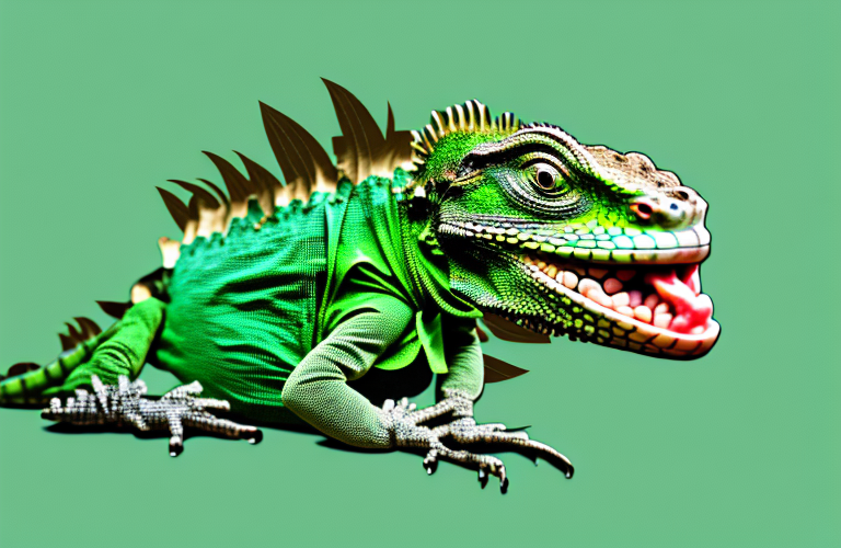 A green iguana eating a leaf of mint