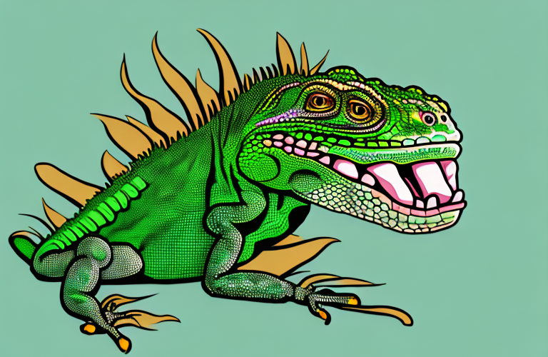A green iguana eating bean sprouts