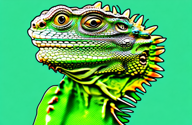 A green iguana eating pesto