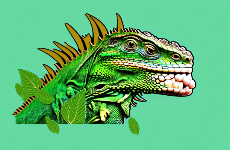 A green iguana eating a mint leaf