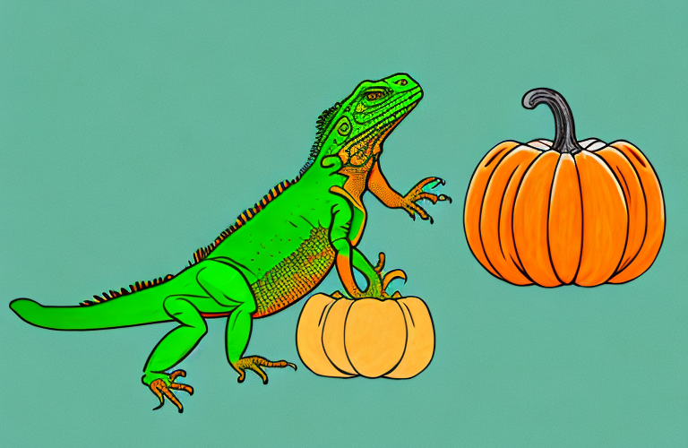 A green iguana eating a pumpkin squash