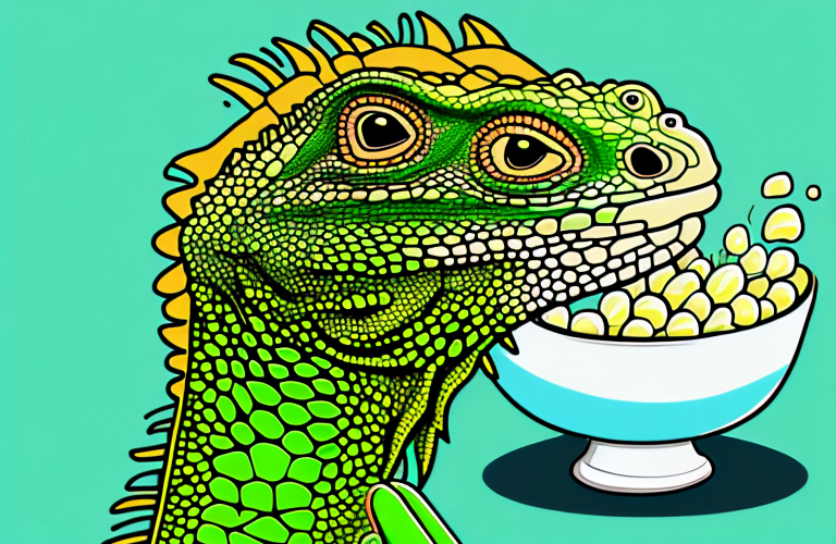 A green iguana eating a bowl of barley