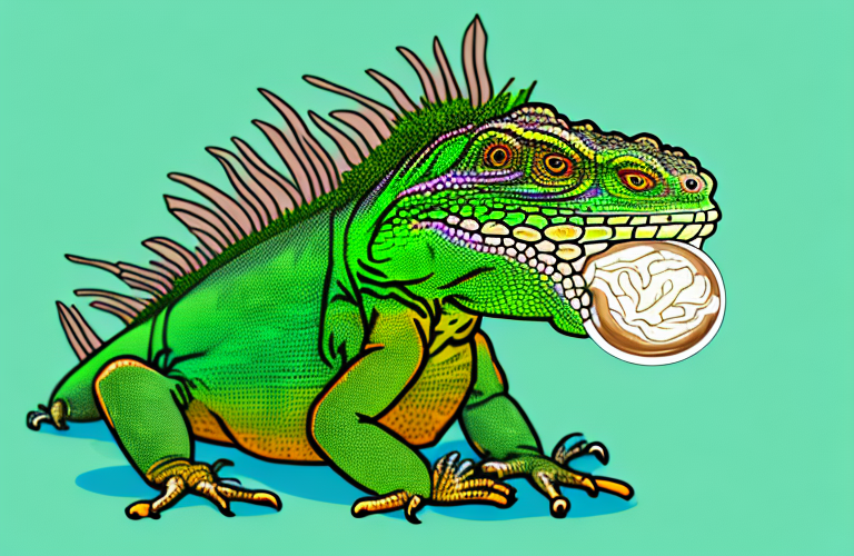 A green iguana eating oats