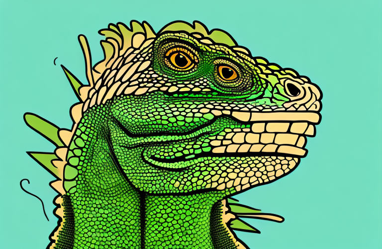 A green iguana eating wheat