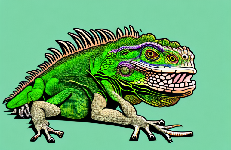 A green iguana eating wild rice
