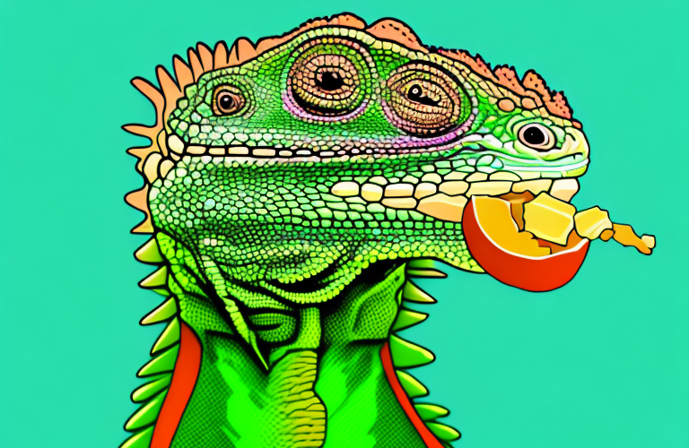 A green iguana eating a yam