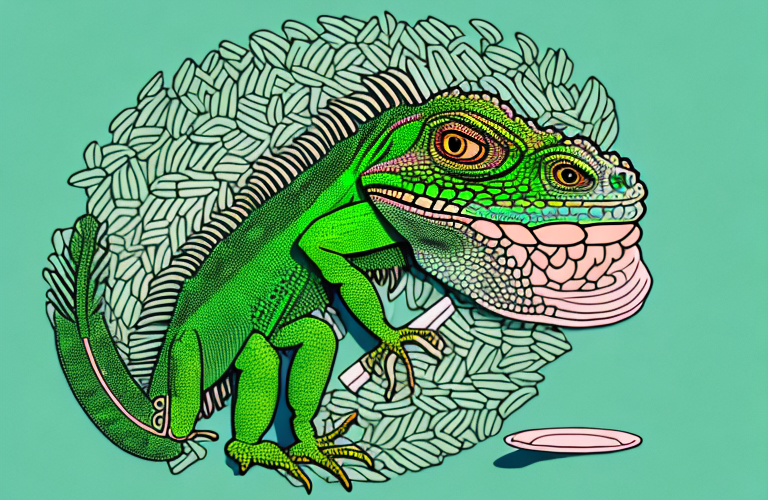 A green iguana eating jasmine rice