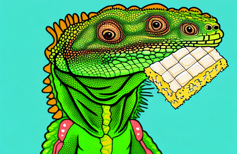 A green iguana eating a piece of cornbread