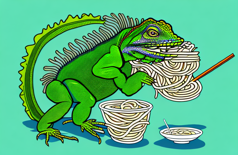 A green iguana eating noodles