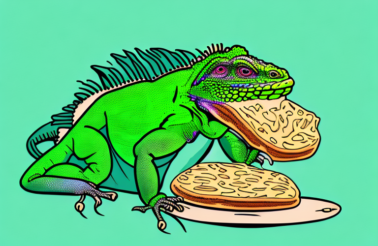 A green iguana eating sourdough bread