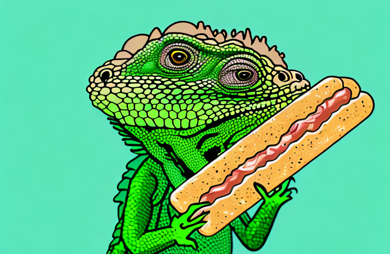 A green iguana eating garlic bread