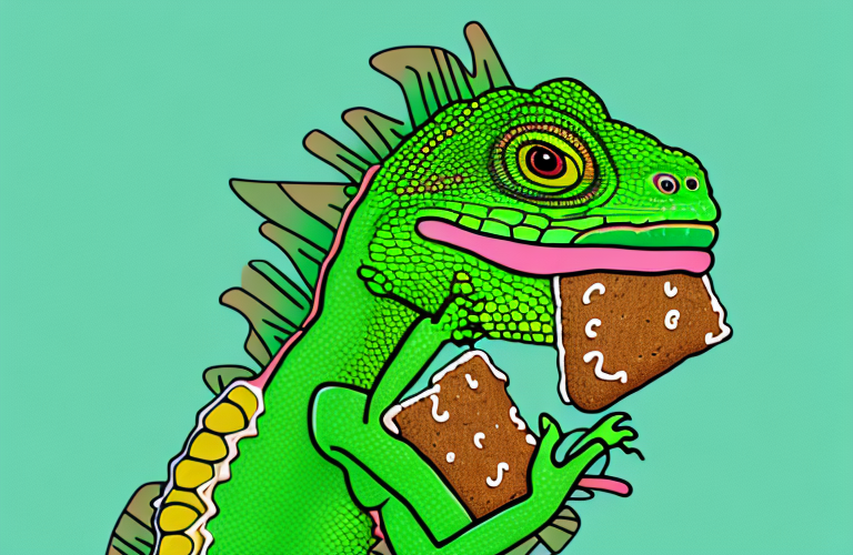 A green iguana eating gingerbread