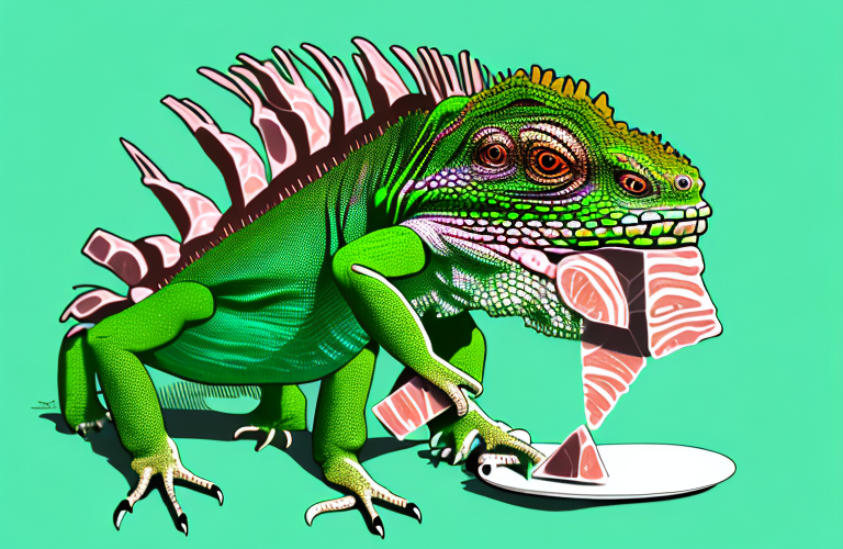 A green iguana eating a ham bone