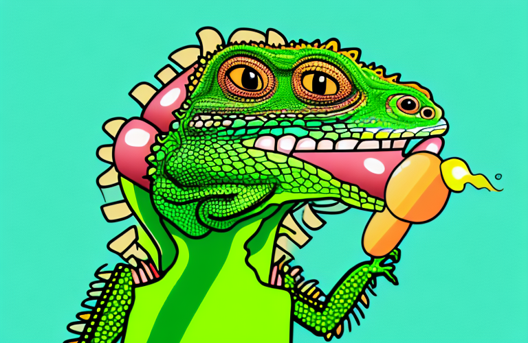 A green iguana eating a hot dog