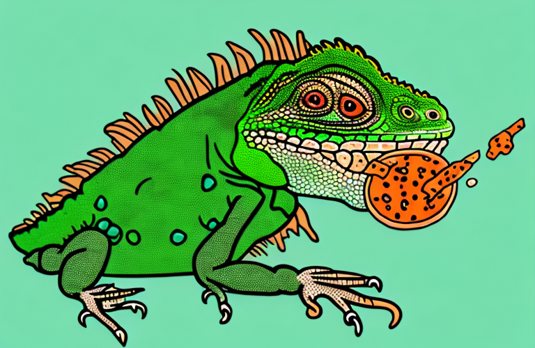 A green iguana eating pepperoni