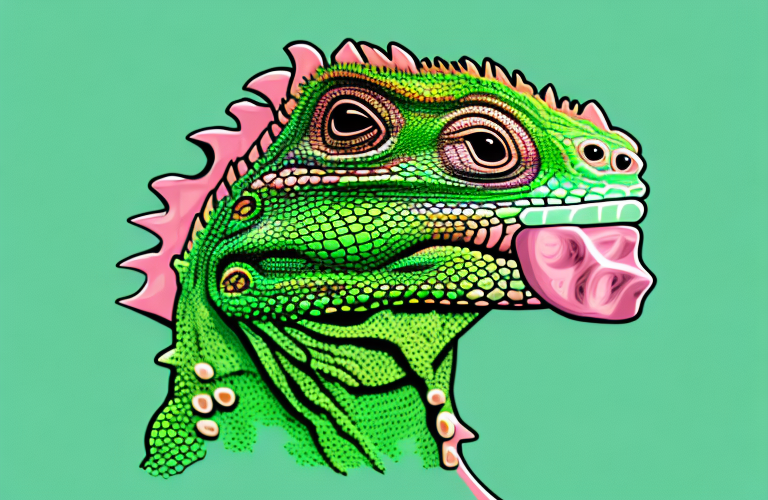 A green iguana eating a piece of pork