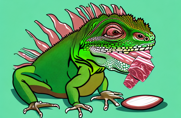 A green iguana eating salami
