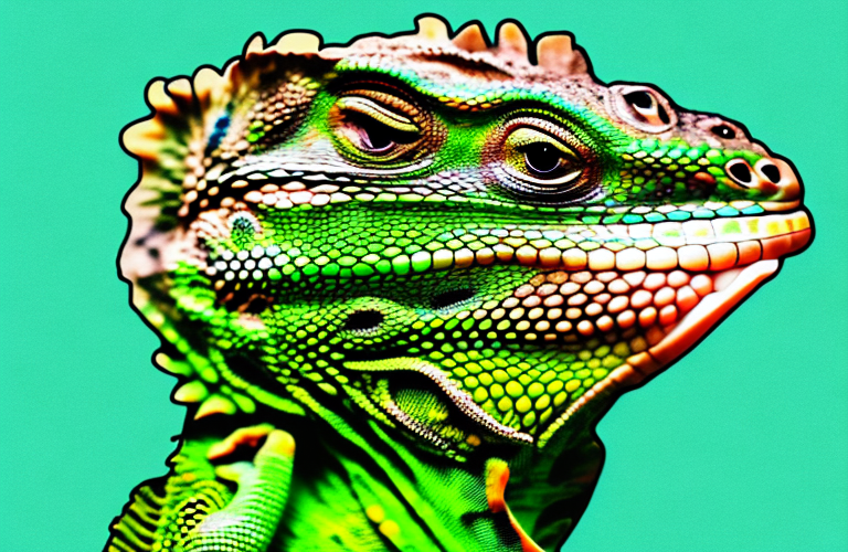 A green iguana eating a piece of beef