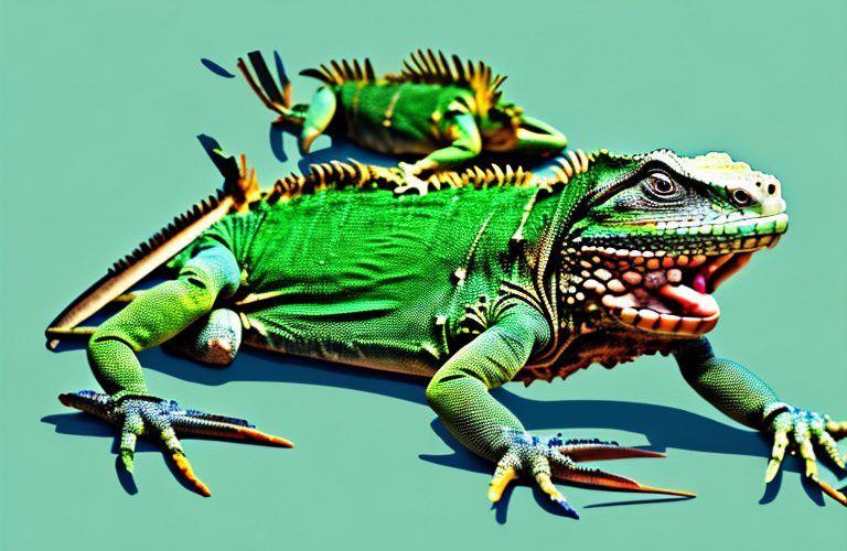 A green iguana eating a crab