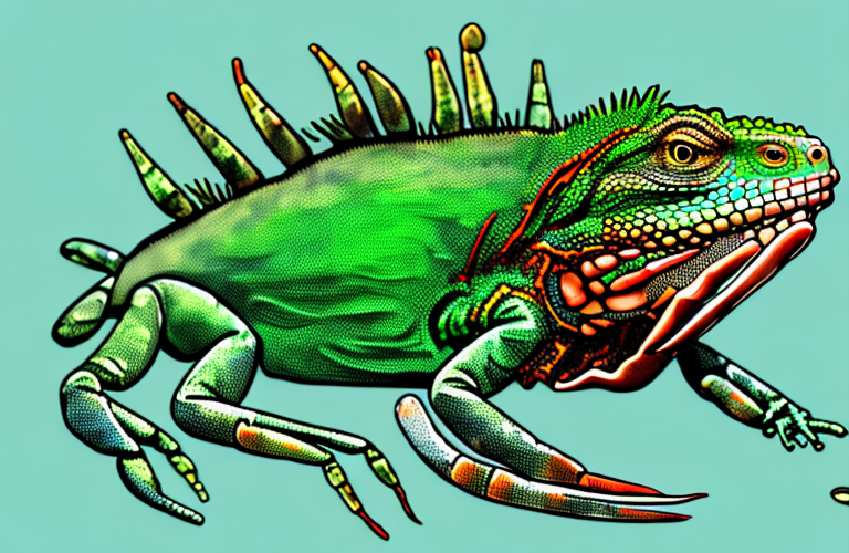 A green iguana eating a lobster