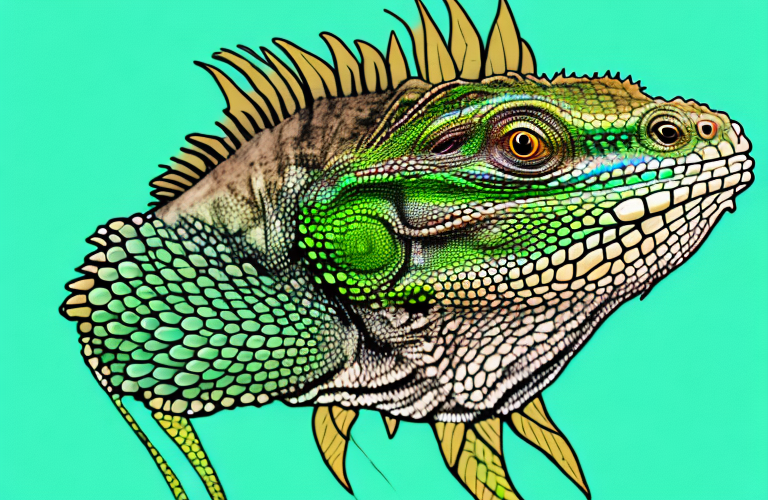 A green iguana eating a tilapia fish