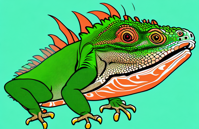 A green iguana eating salmon