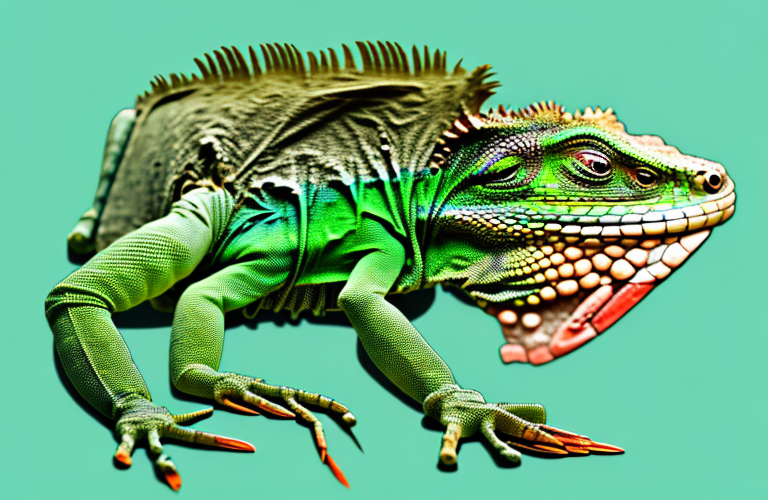 A green iguana eating a shrimp