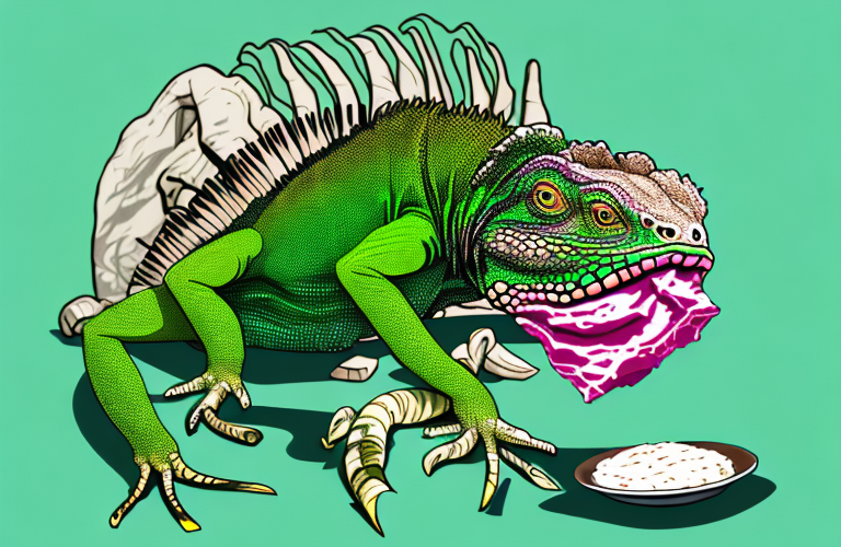 A green iguana eating a piece of goat meat